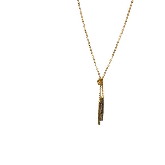 Goldtone and Beige Crystal Knot Necklace Tassel 40" Overhead - Picture 2 of 6
